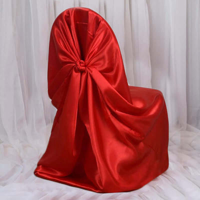 Satin Chair Cover Self - Tie Universal Design Red - Durable Slip - On Cover for Folding, Dining, Banquet & Standard Chairs - Linen Luxes