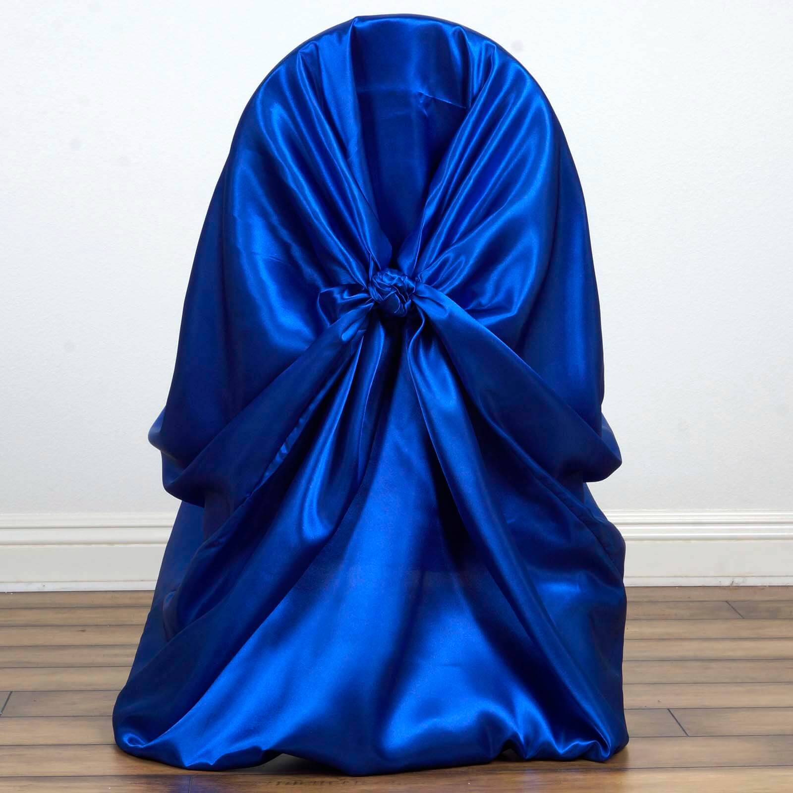 Satin Chair Cover Self - Tie Universal Design Royal Blue - Durable Slip - On Cover for Folding, Dining, Banquet & Standard Chairs - Linen Luxes