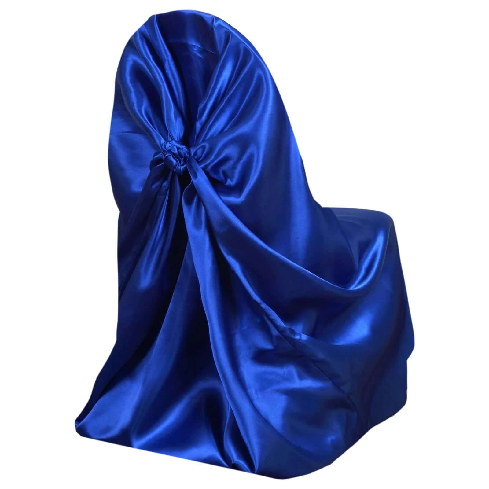 Satin Chair Cover Self - Tie Universal Design Royal Blue - Durable Slip - On Cover for Folding, Dining, Banquet & Standard Chairs - Linen Luxes