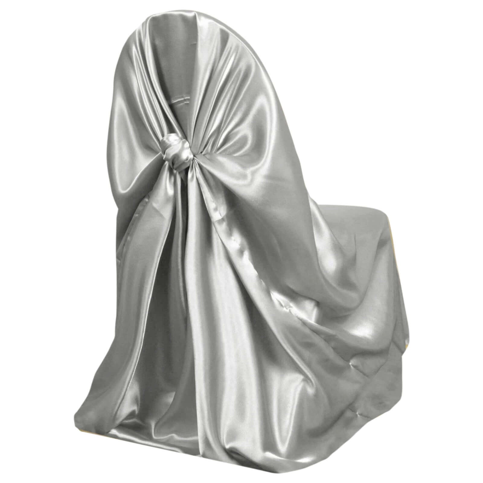 Satin Chair Cover Self - Tie Universal Design Silver - Durable Slip - On Cover for Folding, Dining, Banquet & Standard Chairs - Linen Luxes