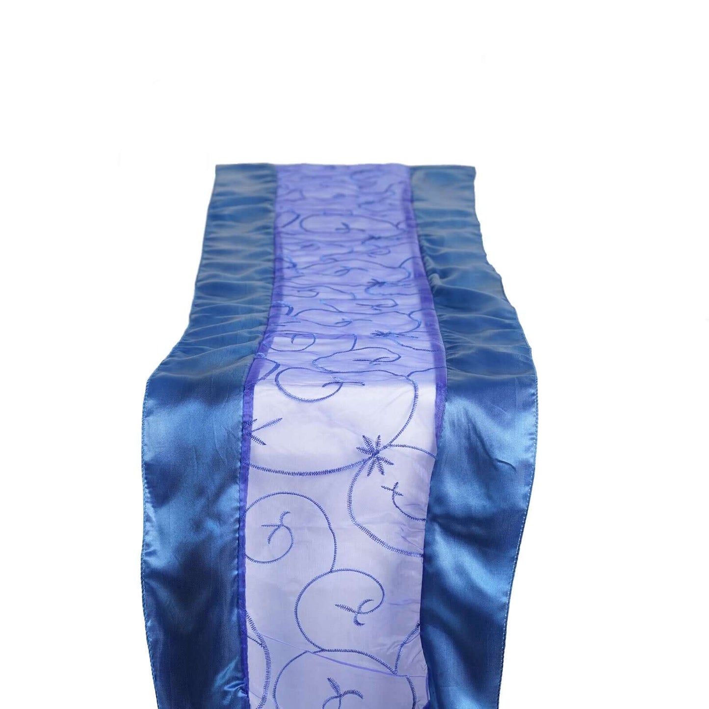 Satin Organza 14"x108" Table Runner Royal Blue Embroidered Design - Sheer & Stylish for Luxurious Table Settings - Linen Luxes