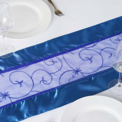 Satin Organza 14"x108" Table Runner Royal Blue Embroidered Design - Sheer & Stylish for Luxurious Table Settings - Linen Luxes