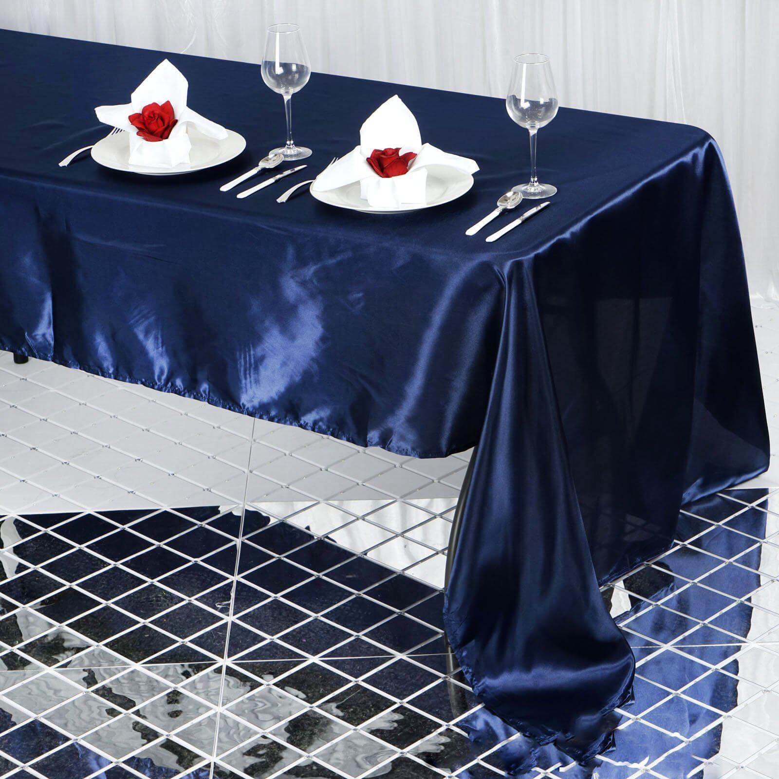 Satin Rectangular 60"x126" Tablecloth Navy Blue - Smooth and Lustrous Table Cover - Linen Luxes