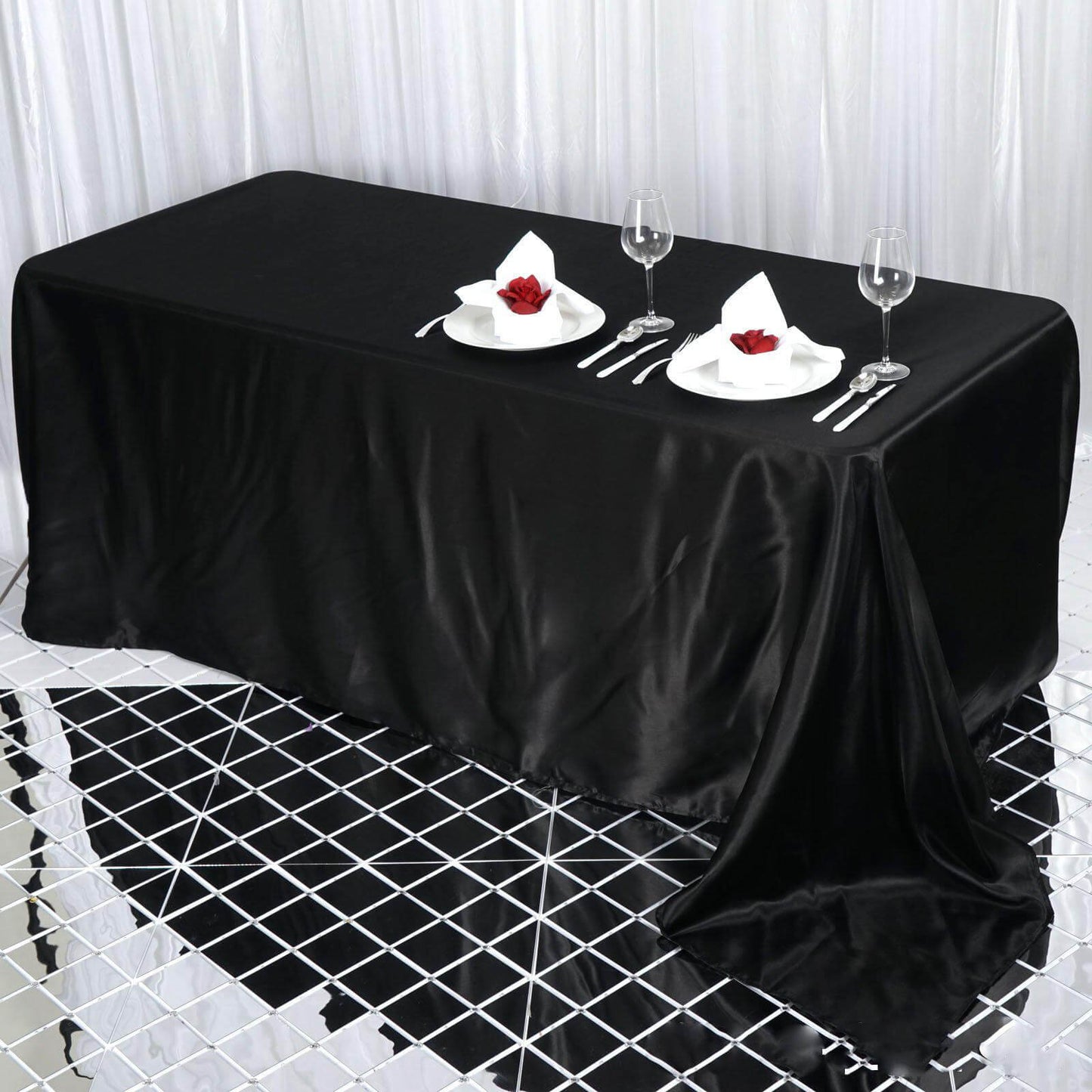 Satin Rectangular 90"x132" Tablecloth Black - Seamless Stylish Table Cover for Weddings and Parties - Linen Luxes
