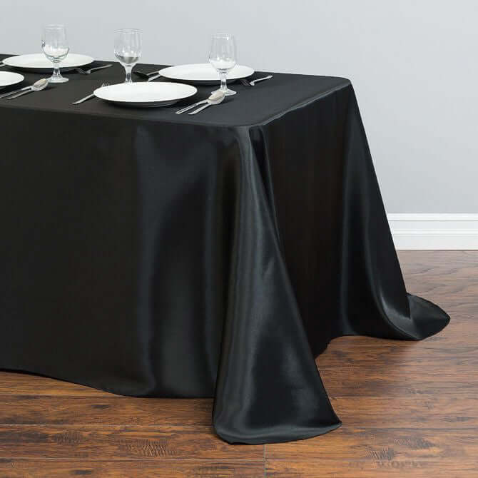 Satin Rectangular 90"x132" Tablecloth Black - Seamless Stylish Table Cover for Weddings and Parties - Linen Luxes