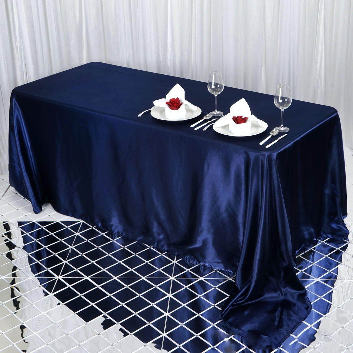 Satin Rectangular 90"x132" Tablecloth Navy Blue - Seamless Table Cover - Linen Luxes