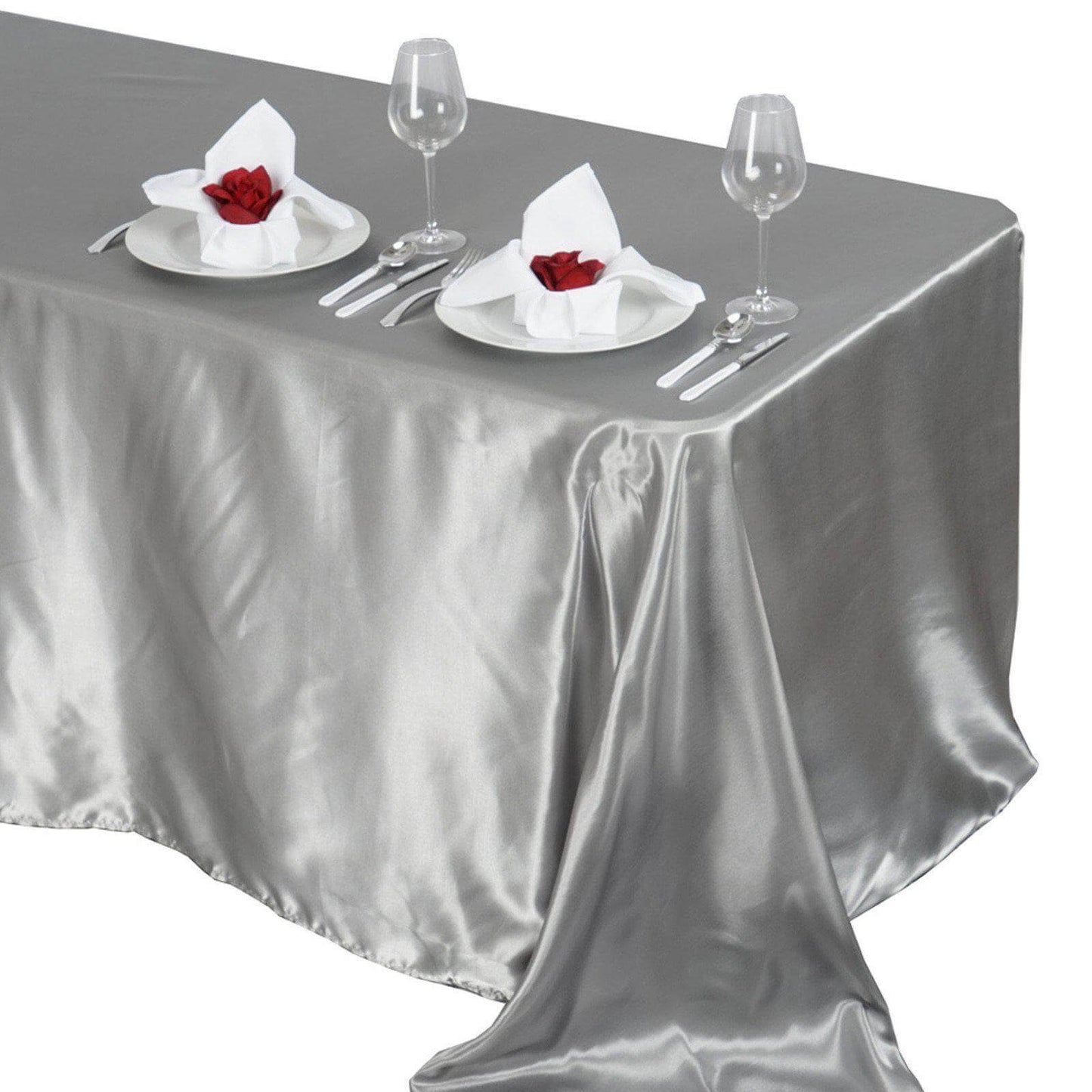 Satin Rectangular 90"x132" Tablecloth Silver - Seamless Table Cover - Linen Luxes