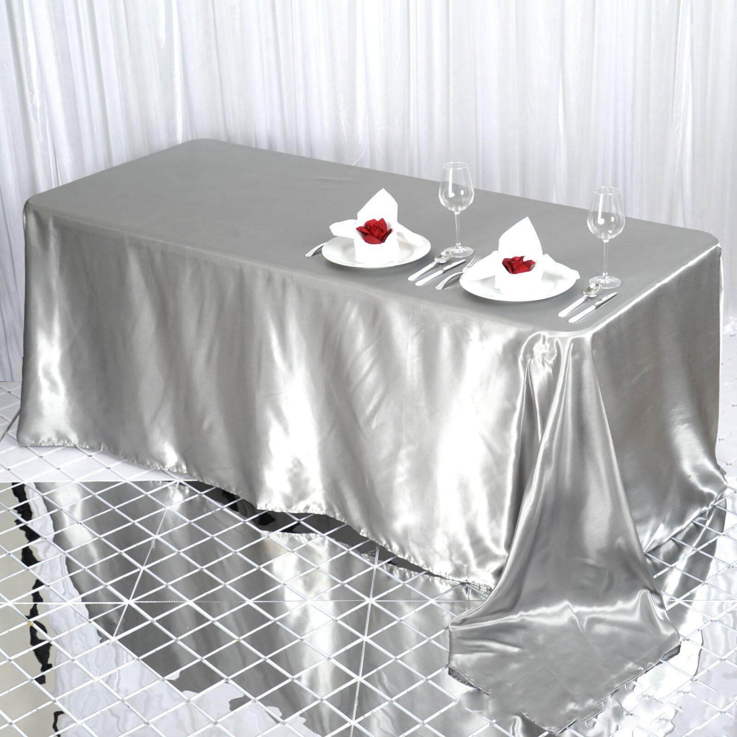 Satin Rectangular 90"x132" Tablecloth Silver - Seamless Table Cover - Linen Luxes