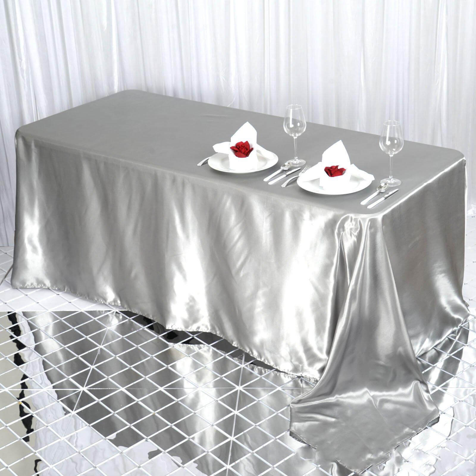 Satin Rectangular 90"x132" Tablecloth Silver - Seamless Table Cover - Linen Luxes