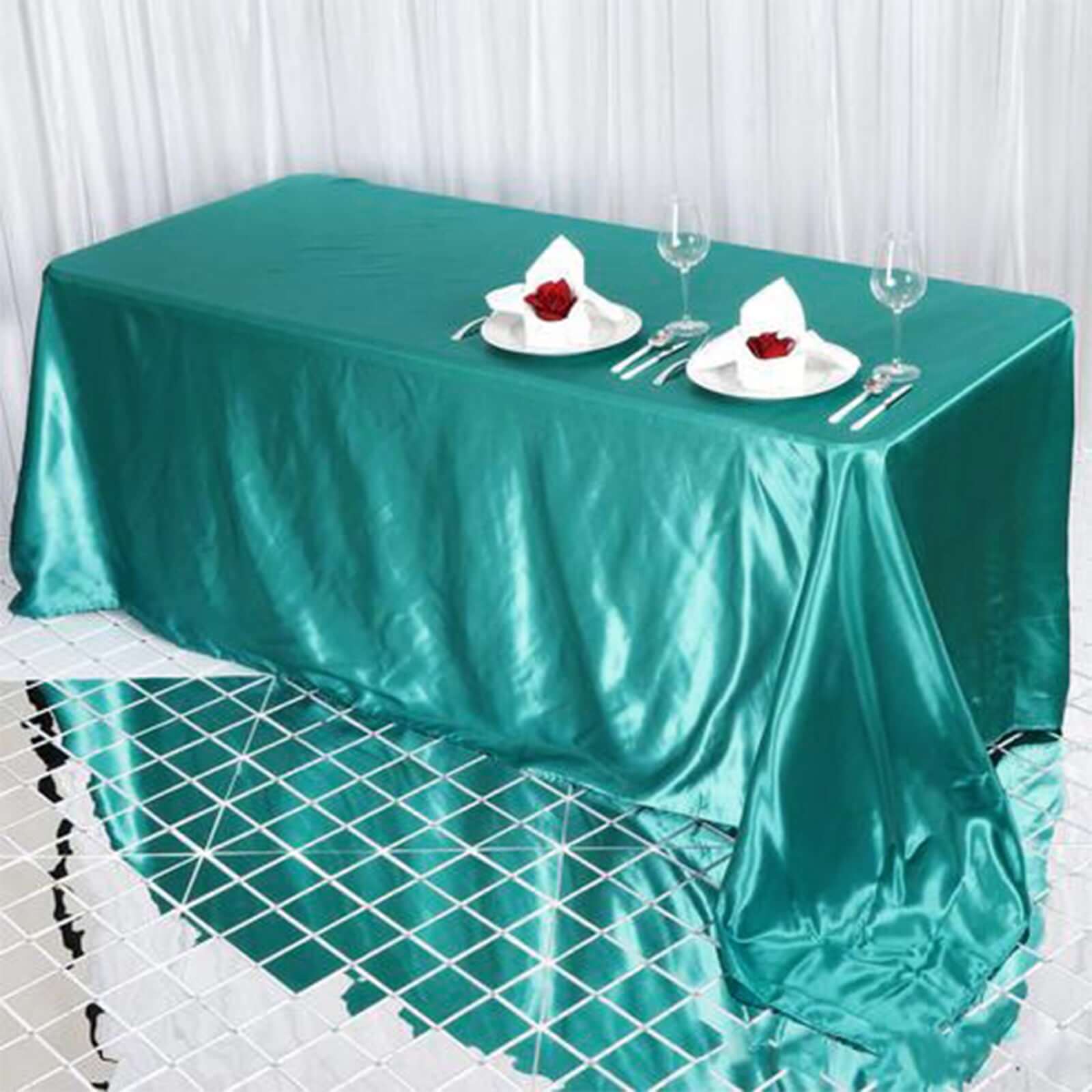 Satin Rectangular 90"x132" Tablecloth Turquoise - Seamless Table Cover - Linen Luxes