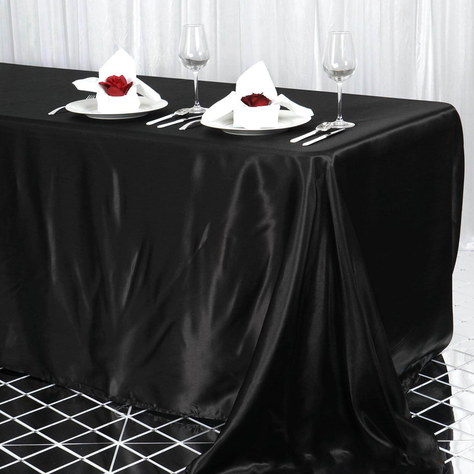 Satin Rectangular 90"x156" Tablecloth Black - Seamless Stylish Table Cover for Wedding & Event Decoration - Linen Luxes