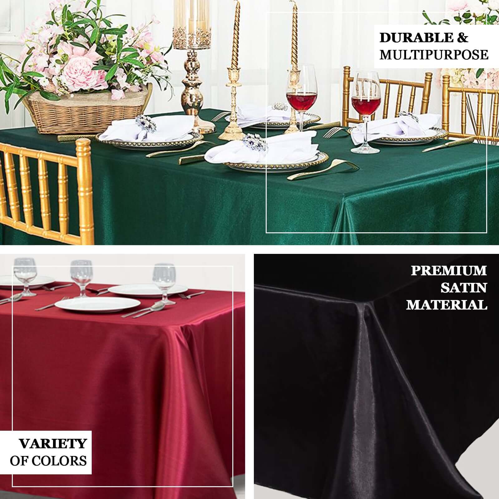 Satin Rectangular 90"x156" Tablecloth Hunter Emerald Green - Seamless Table Cover - Linen Luxes