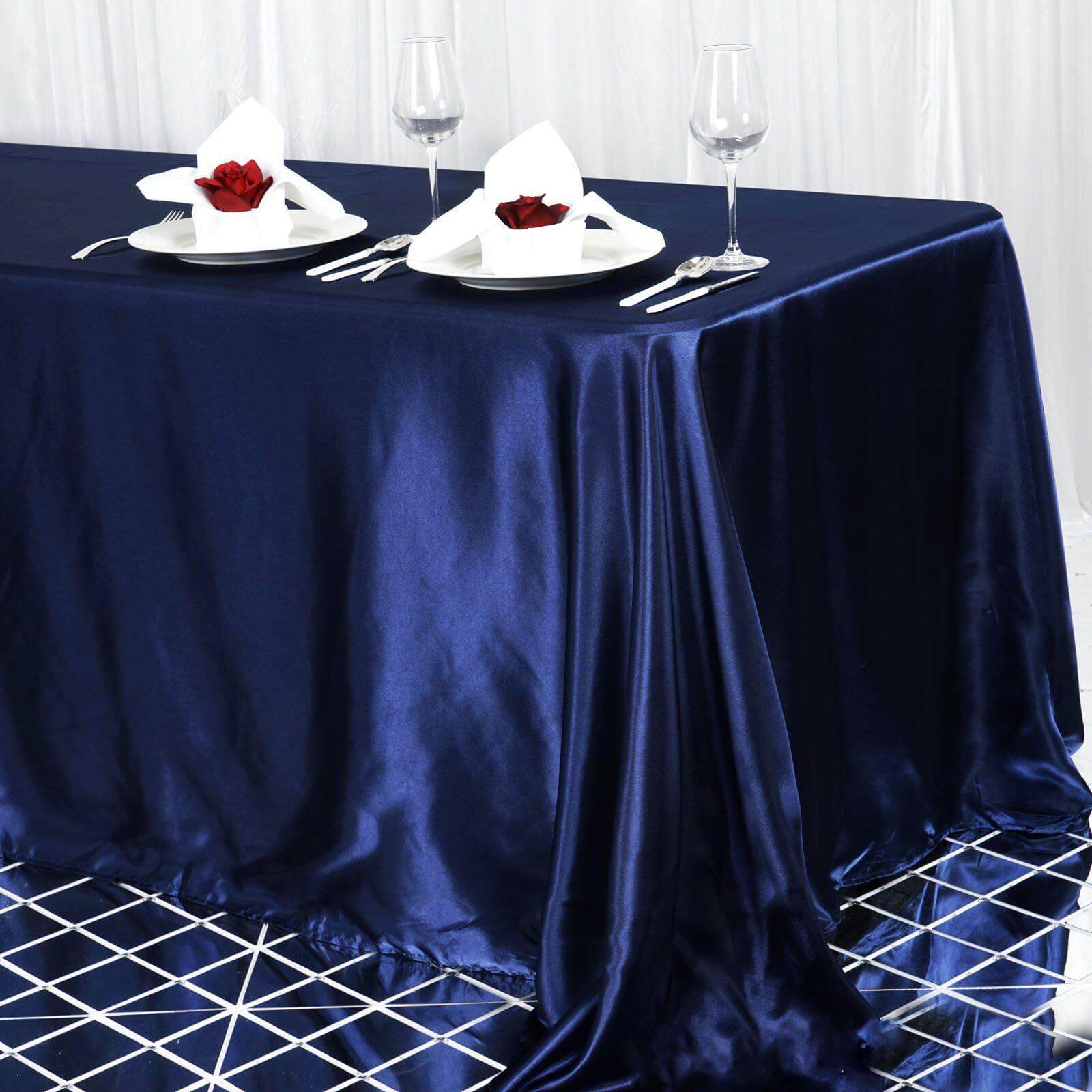 Satin Rectangular 90"x156" Tablecloth Navy Blue - Seamless Table Cover - Linen Luxes