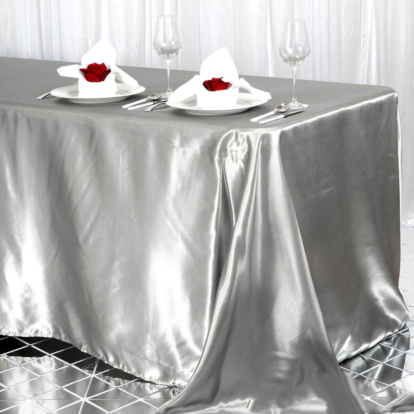 Satin Rectangular 90"x156" Tablecloth Silver - Seamless Table Cover - Linen Luxes
