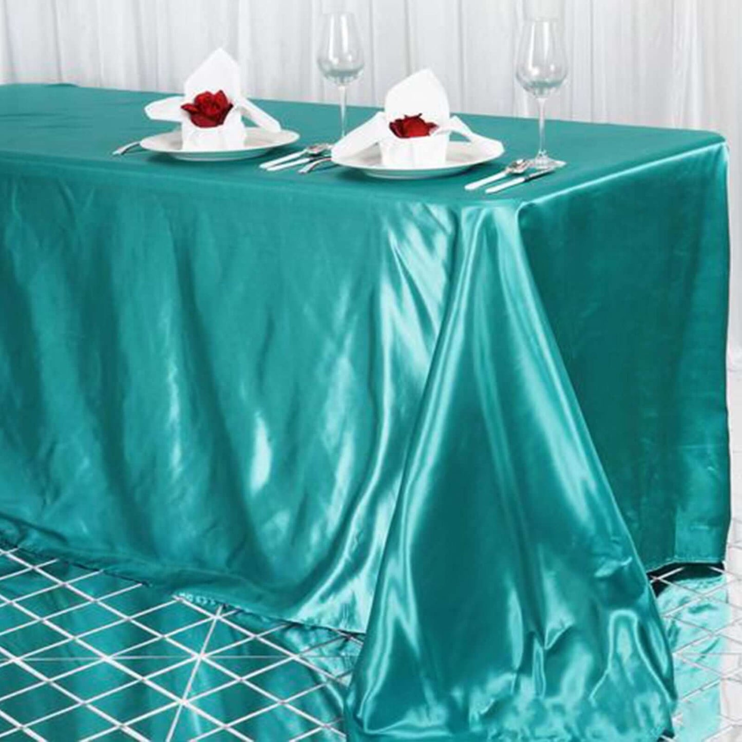 Satin Rectangular 90"x156" Tablecloth Turquoise - Seamless Table Cover - Linen Luxes