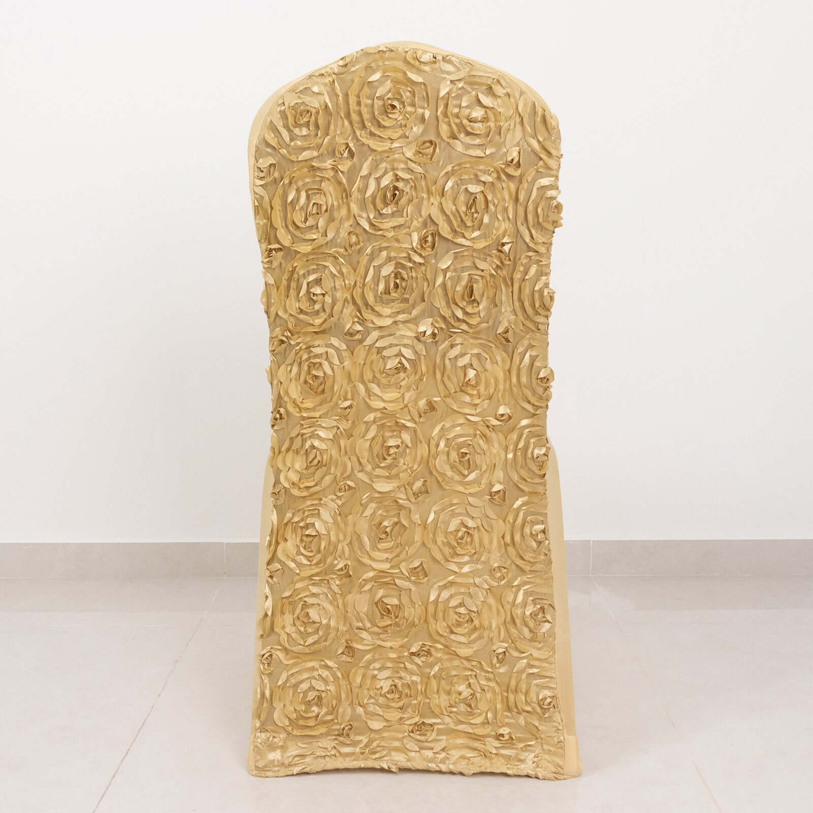 Satin Rosette Chair Cover for Banquet Chairs Champagne - Stretch Fitted Slip - On Slipcover - Linen Luxes