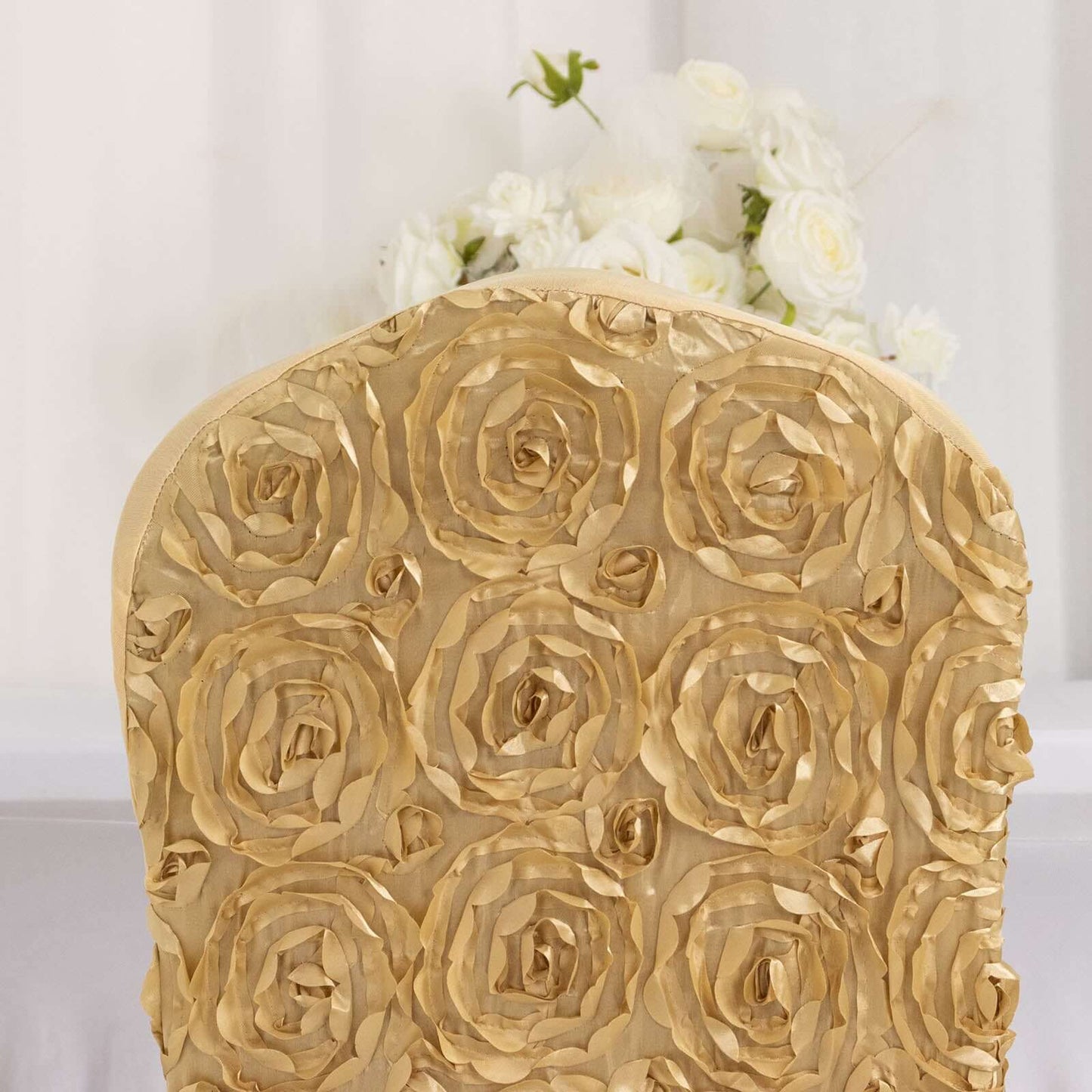 Satin Rosette Chair Cover for Banquet Chairs Champagne - Stretch Fitted Slip - On Slipcover - Linen Luxes