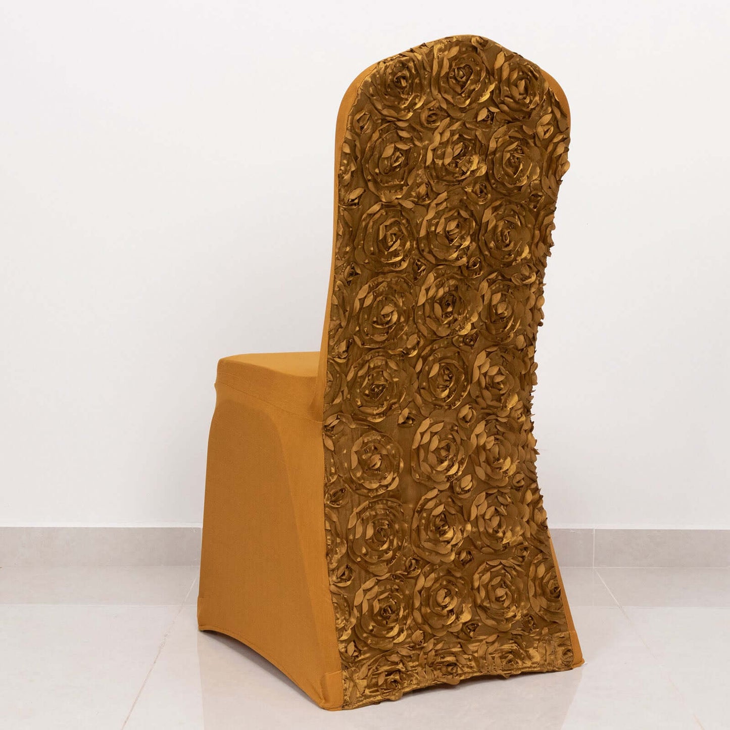 Satin Rosette Chair Cover for Banquet Chairs Gold - Stylish Stretch Fitted Slip - On Design for Sophisticated Gatherings - Linen Luxes