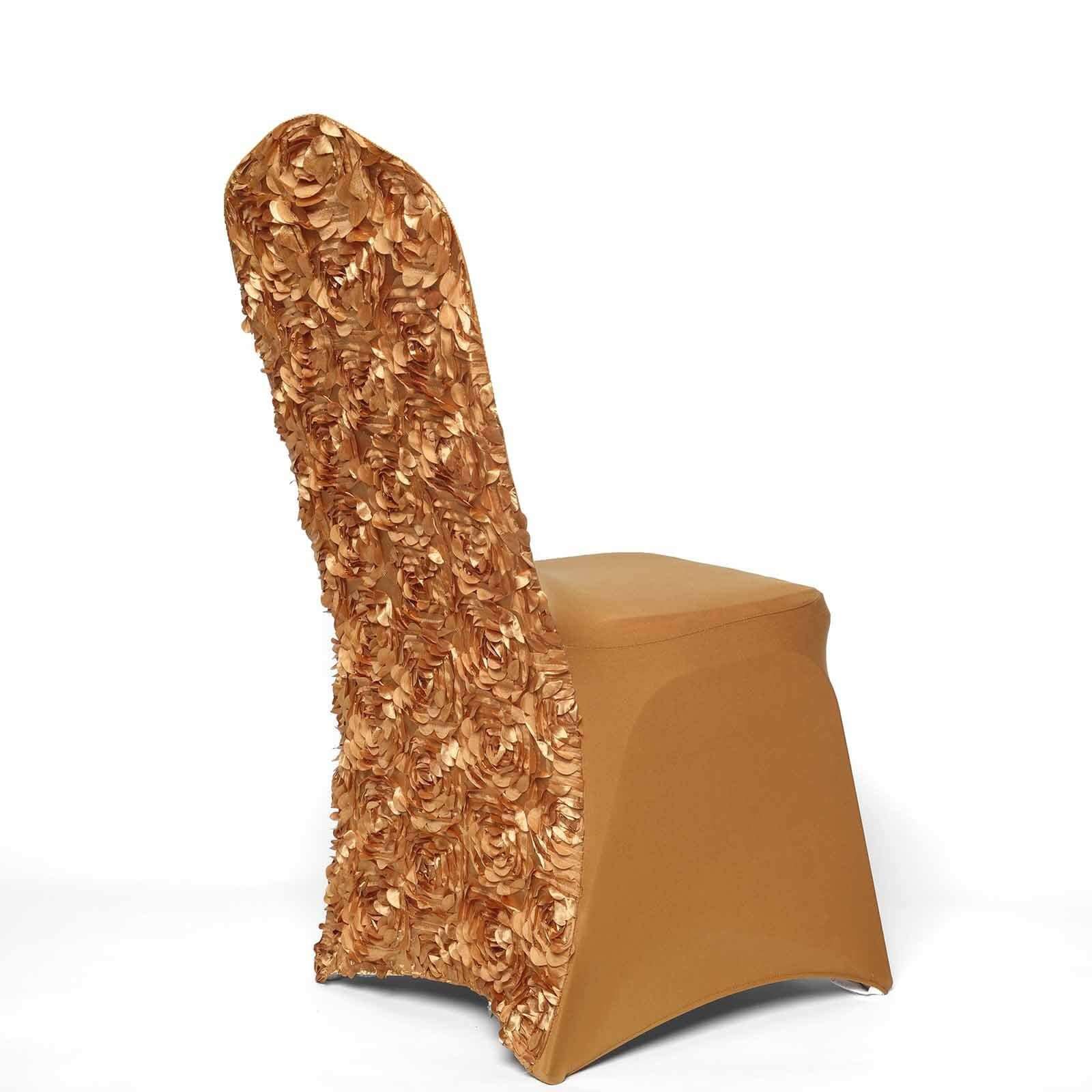 Satin Rosette Chair Cover for Banquet Chairs Gold - Stylish Stretch Fitted Slip - On Design for Sophisticated Gatherings - Linen Luxes