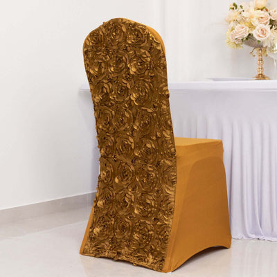 Satin Rosette Chair Cover for Banquet Chairs Gold - Stylish Stretch Fitted Slip - On Design for Sophisticated Gatherings - Linen Luxes