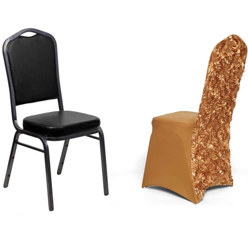 Satin Rosette Chair Cover for Banquet Chairs Gold - Stylish Stretch Fitted Slip - On Design for Sophisticated Gatherings - Linen Luxes