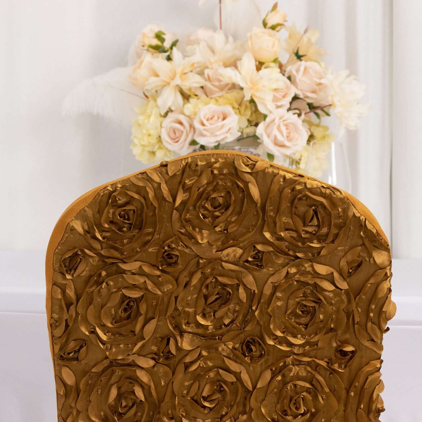 Satin Rosette Chair Cover for Banquet Chairs Gold - Stylish Stretch Fitted Slip - On Design for Sophisticated Gatherings - Linen Luxes