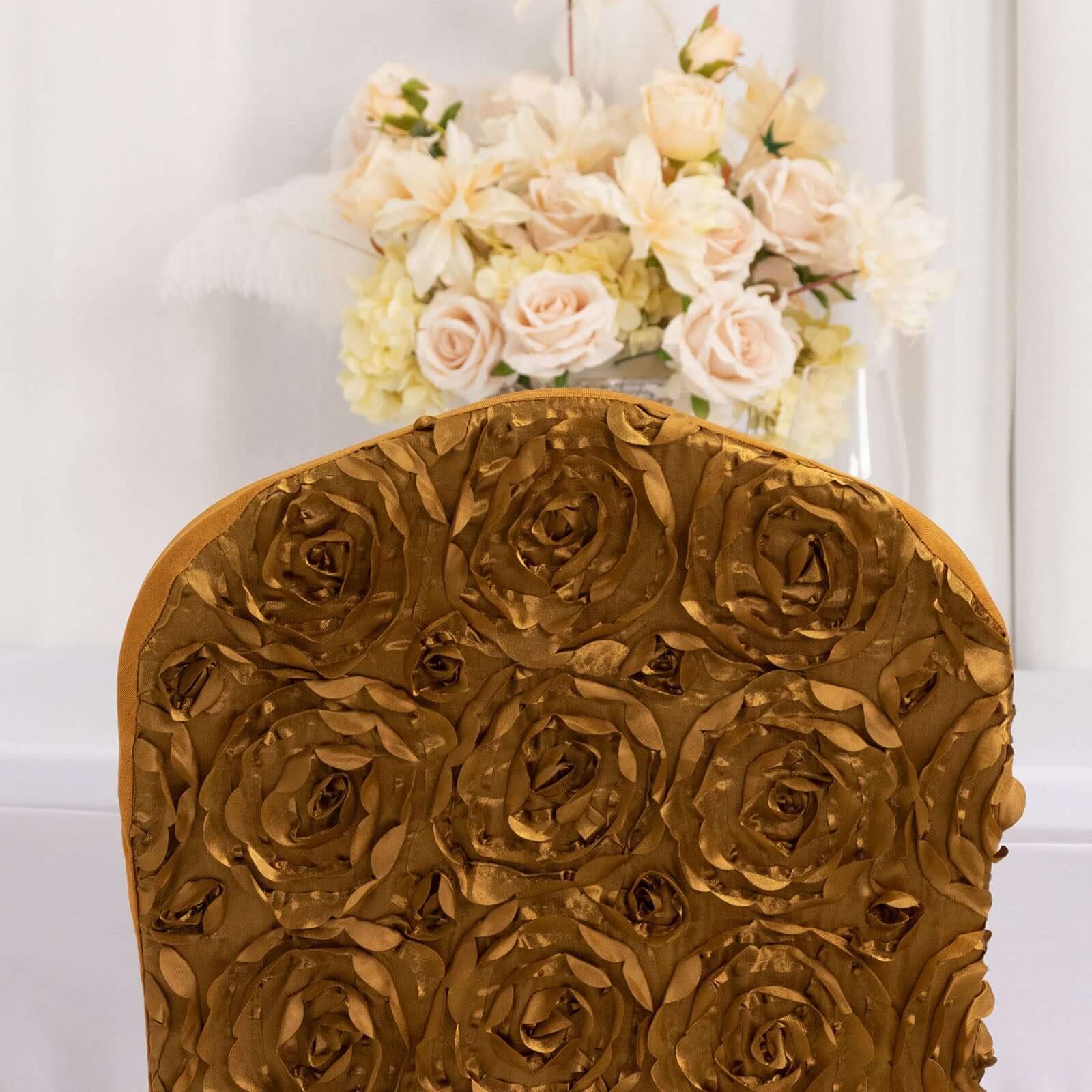 Satin Rosette Chair Cover for Banquet Chairs Gold - Stylish Stretch Fitted Slip - On Design for Sophisticated Gatherings - Linen Luxes