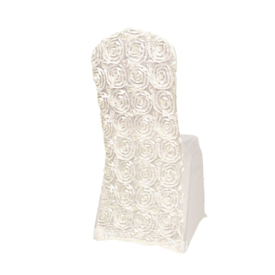 Satin Rosette Chair Cover for Banquet Chairs Ivory - Stretch Fitted Slip - On Slipcover - Linen Luxes