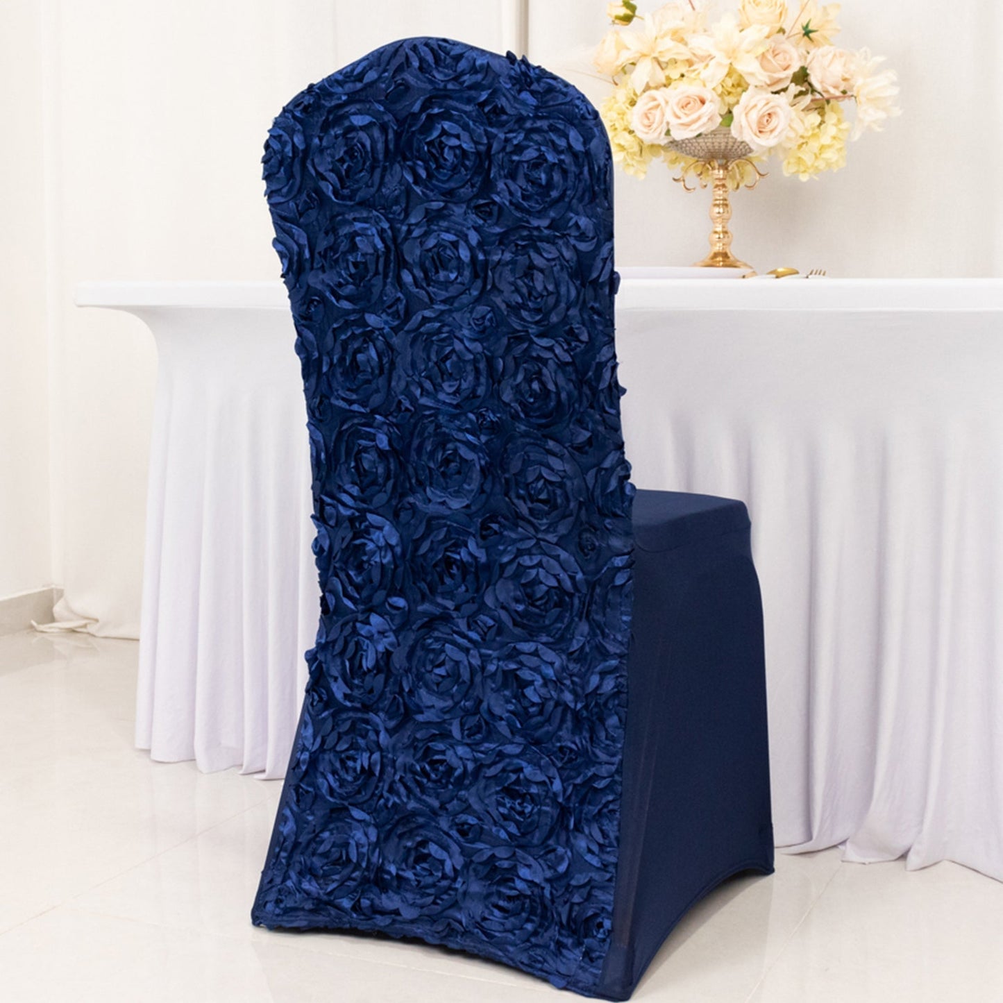 Satin Rosette Chair Cover for Banquet Chairs Navy Blue - Stretch Fitted Slip - On Slipcover - Linen Luxes
