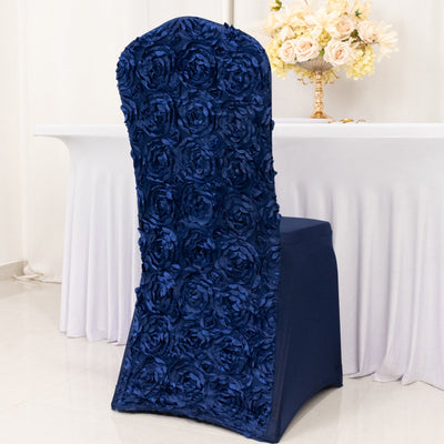 Satin Rosette Chair Cover for Banquet Chairs Navy Blue - Stretch Fitted Slip - On Slipcover - Linen Luxes