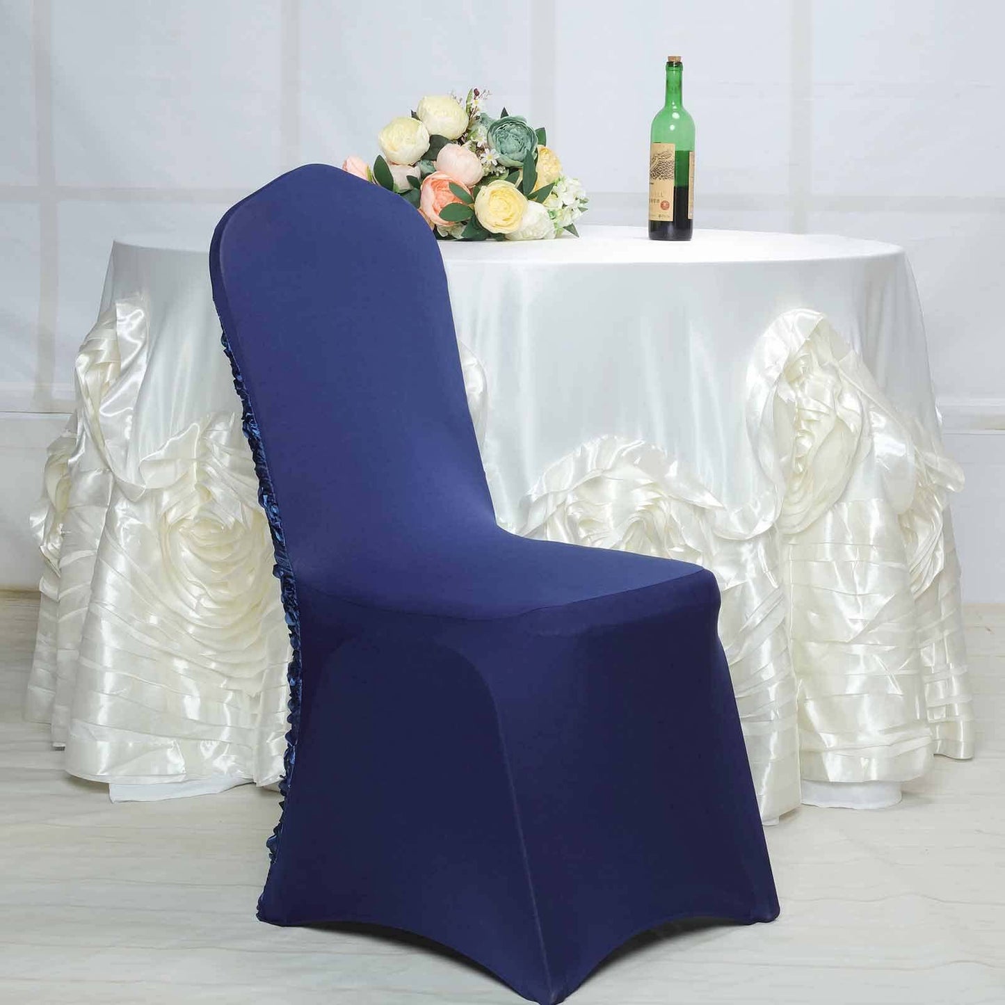 Satin Rosette Chair Cover for Banquet Chairs Navy Blue - Stretch Fitted Slip - On Slipcover - Linen Luxes