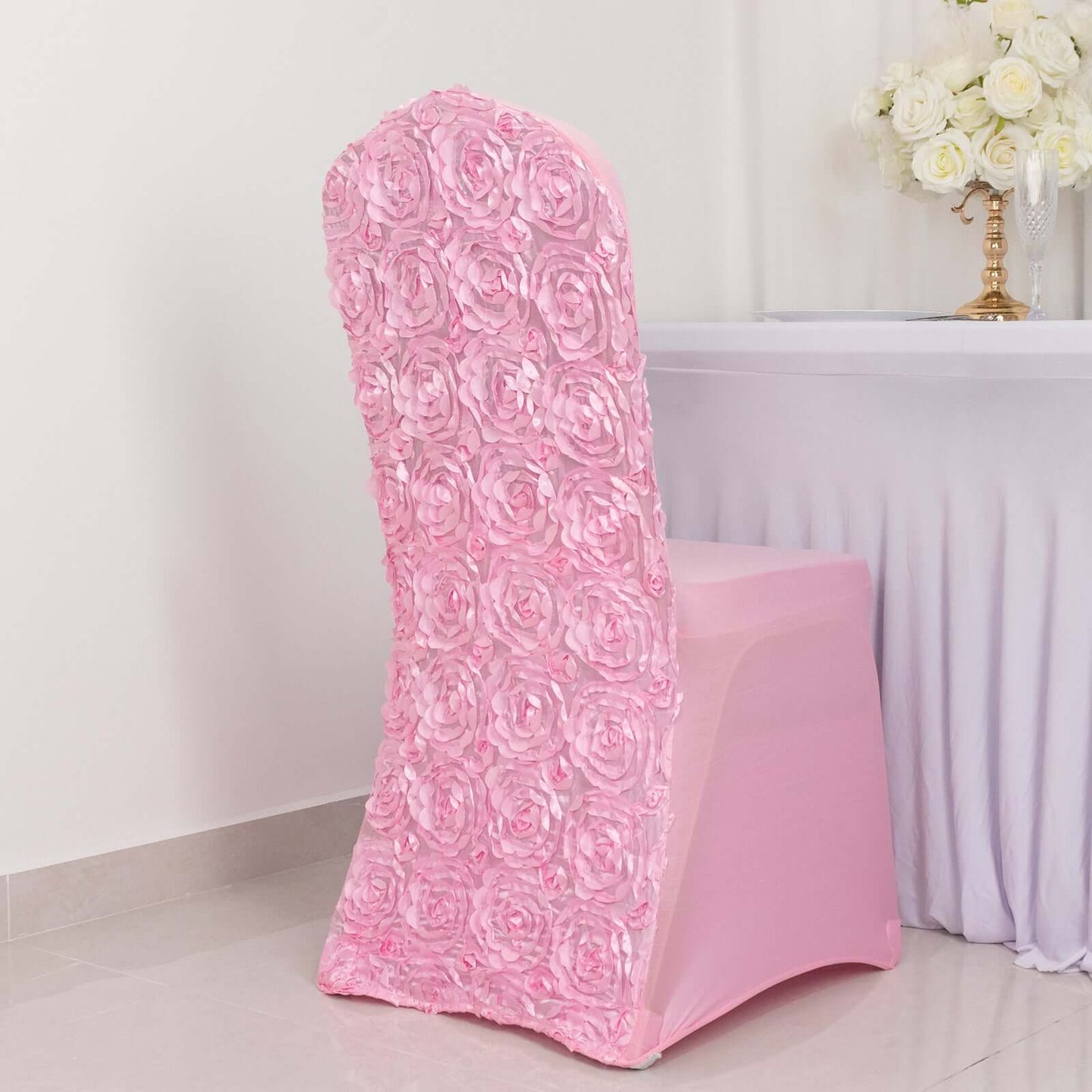 Satin Rosette Chair Cover for Banquet Chairs Pink - Stretch Fitted Slip - On Slipcover - Linen Luxes
