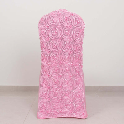Satin Rosette Chair Cover for Banquet Chairs Pink - Stretch Fitted Slip - On Slipcover - Linen Luxes