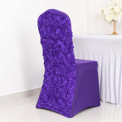 Satin Rosette Chair Cover for Banquet Chairs Purple - Stretch Fitted Slip - On Slipcover - Linen Luxes