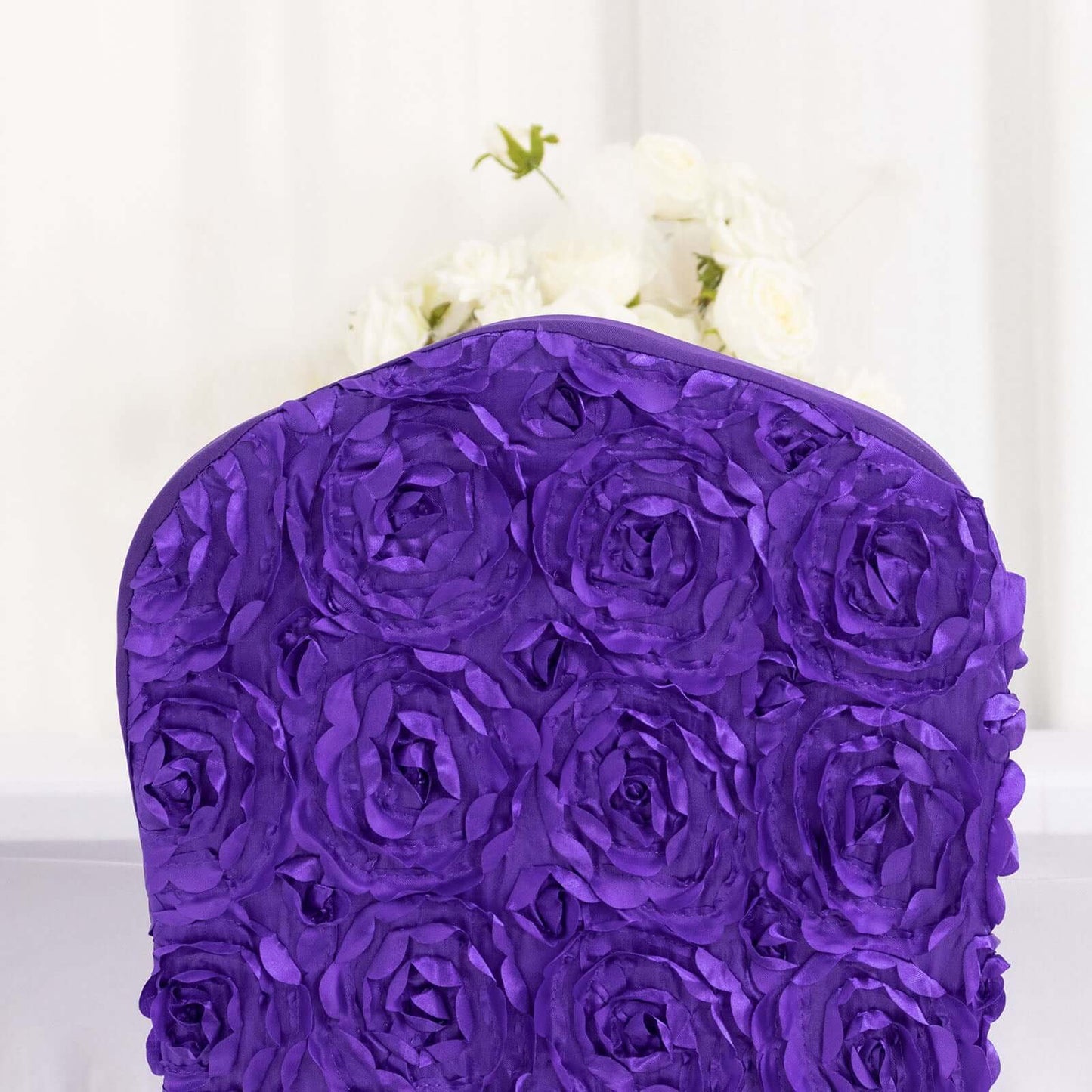 Satin Rosette Chair Cover for Banquet Chairs Purple - Stretch Fitted Slip - On Slipcover - Linen Luxes