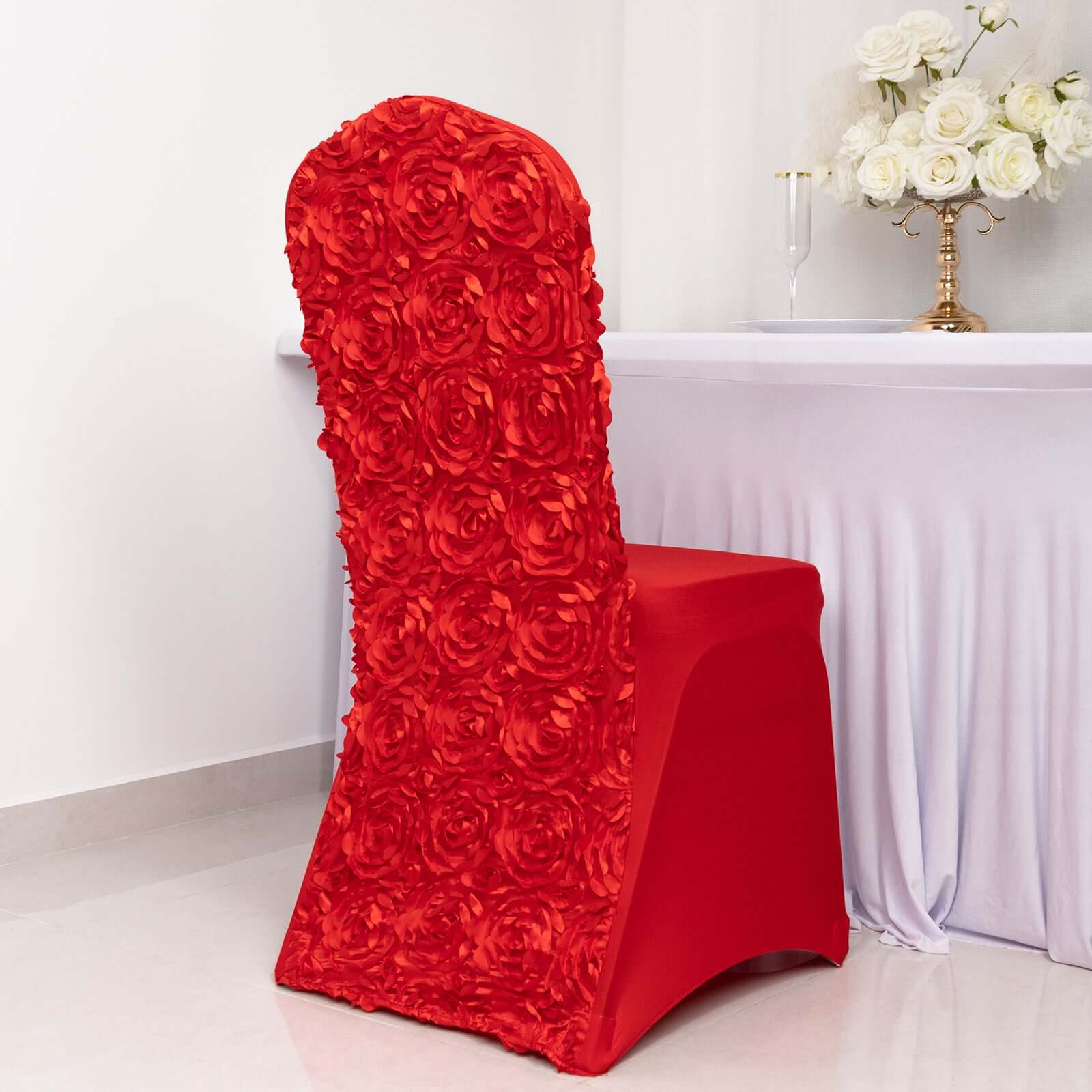 Satin Rosette Chair Cover for Banquet Chairs Red - Stretch Fitted Slip - On Slipcover - Linen Luxes