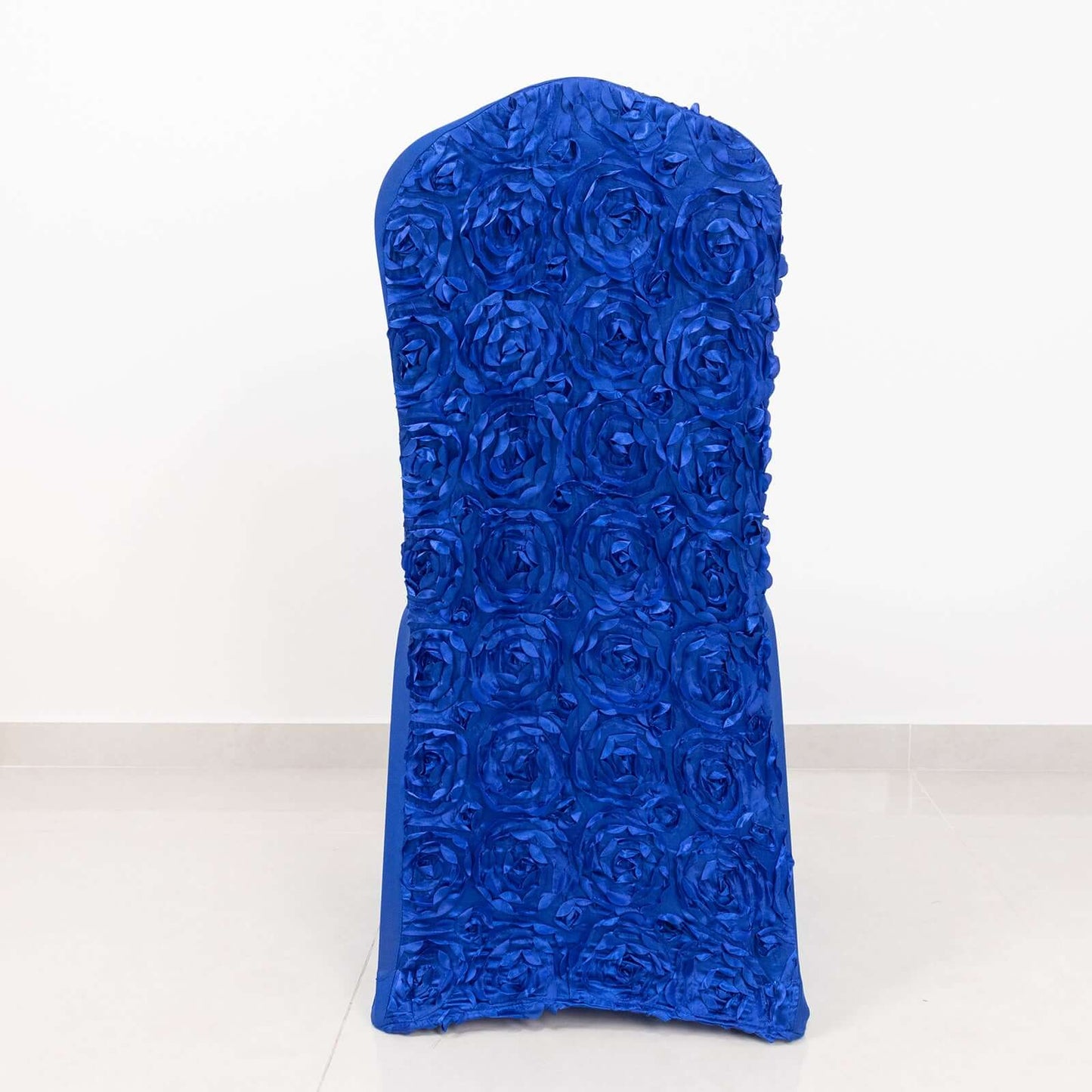 Satin Rosette Chair Cover for Banquet Chairs Royal Blue - Stretch Fitted Slip - On Slipcover - Linen Luxes