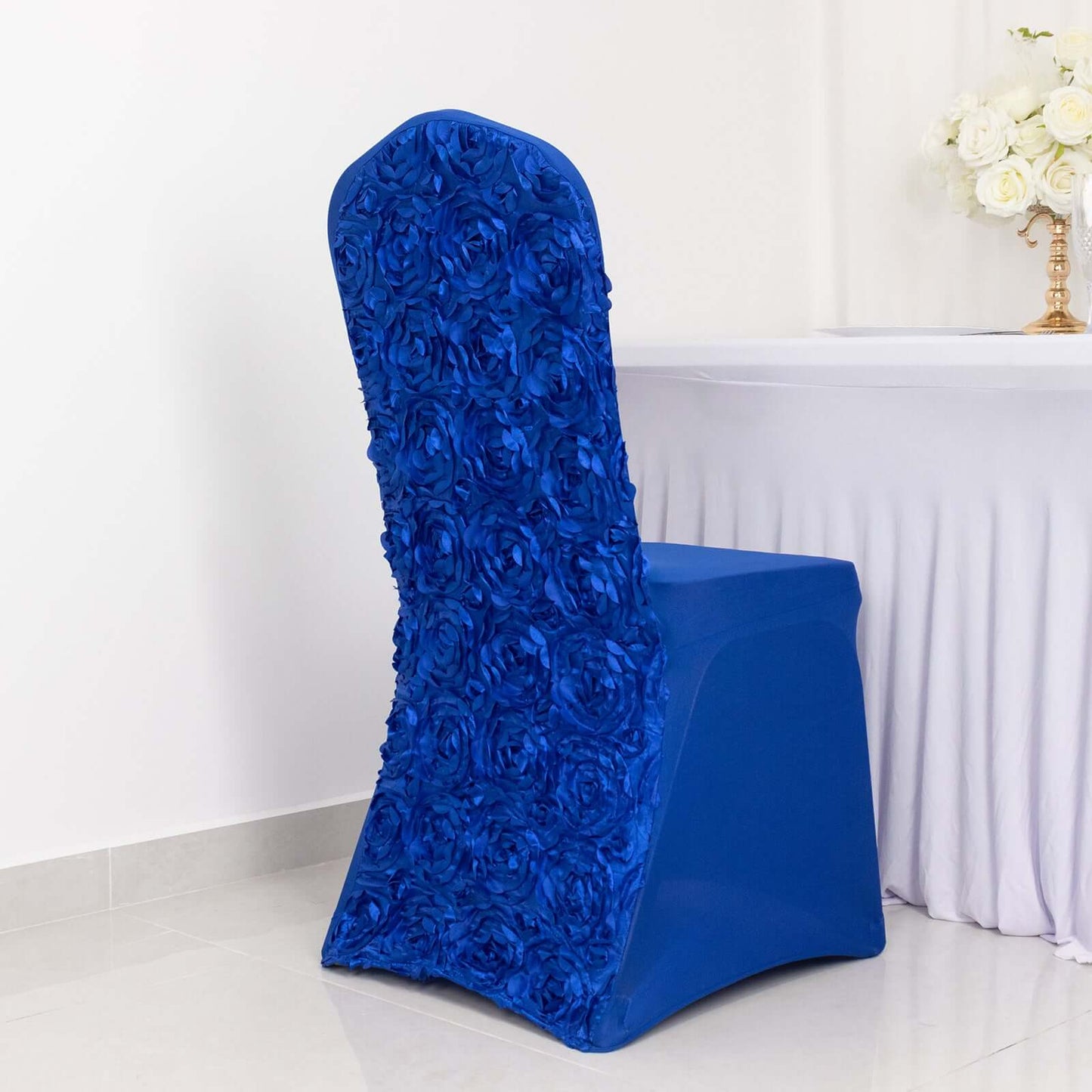 Satin Rosette Chair Cover for Banquet Chairs Royal Blue - Stretch Fitted Slip - On Slipcover - Linen Luxes