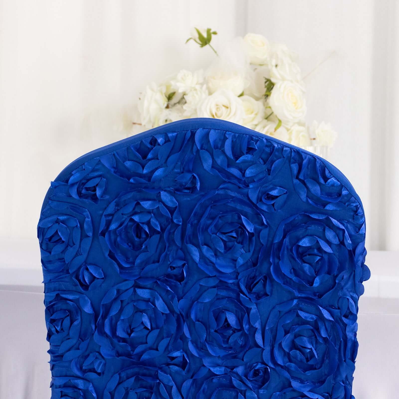 Satin Rosette Chair Cover for Banquet Chairs Royal Blue - Stretch Fitted Slip - On Slipcover - Linen Luxes