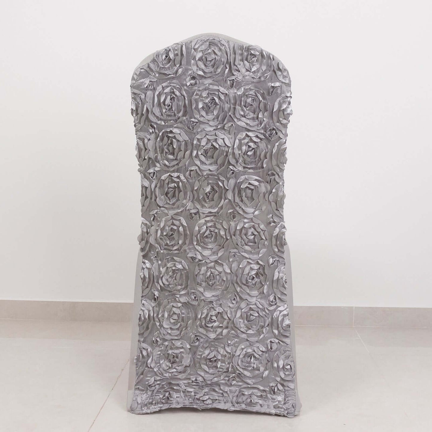 Satin Rosette Chair Cover for Banquet Chairs Silver - Stretch Fitted Slip - On Slipcover - Linen Luxes