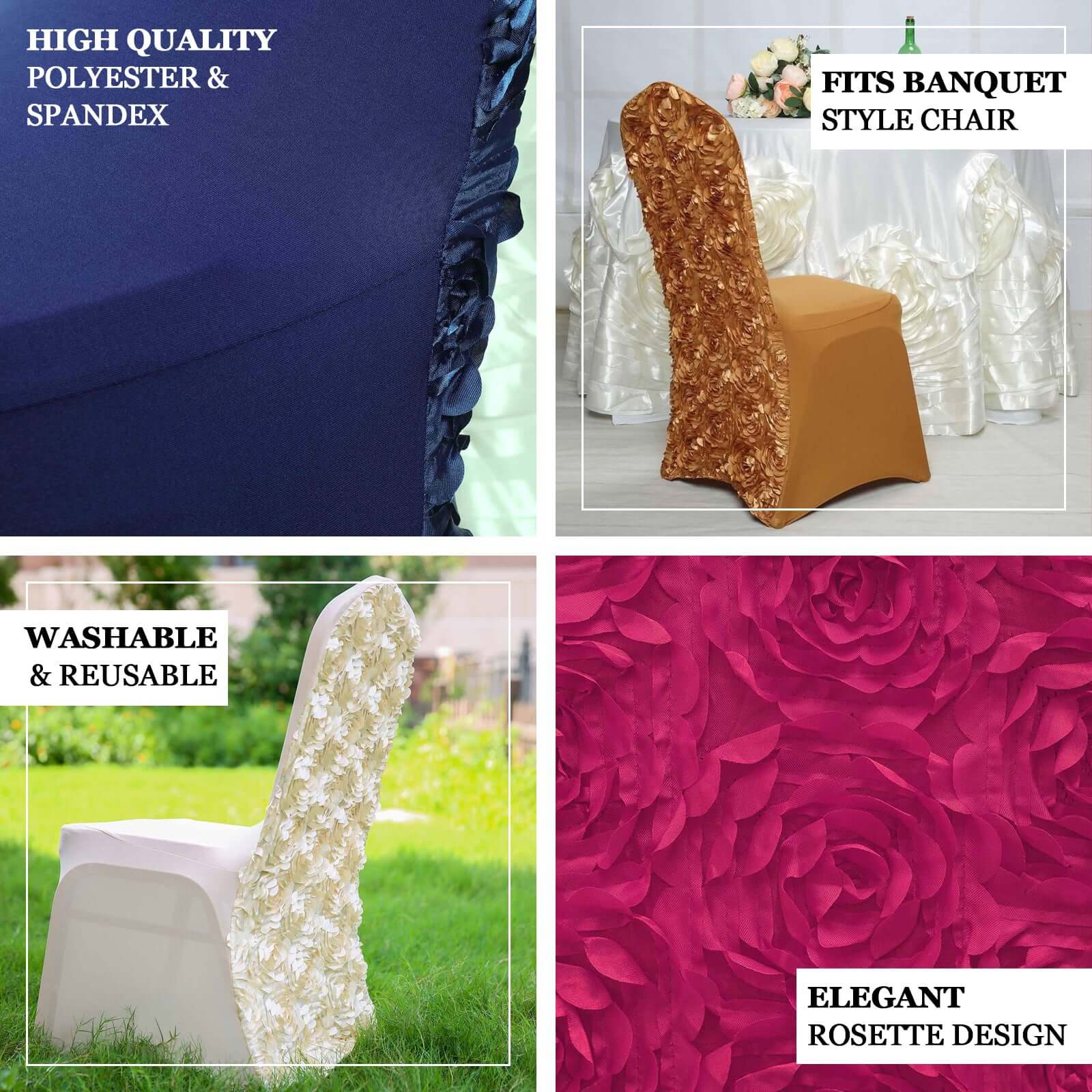 Satin Rosette Chair Cover for Banquet Chairs White - Stylish Stretch Fitted Slip - On Design for Sophisticated Gatherings - Linen Luxes