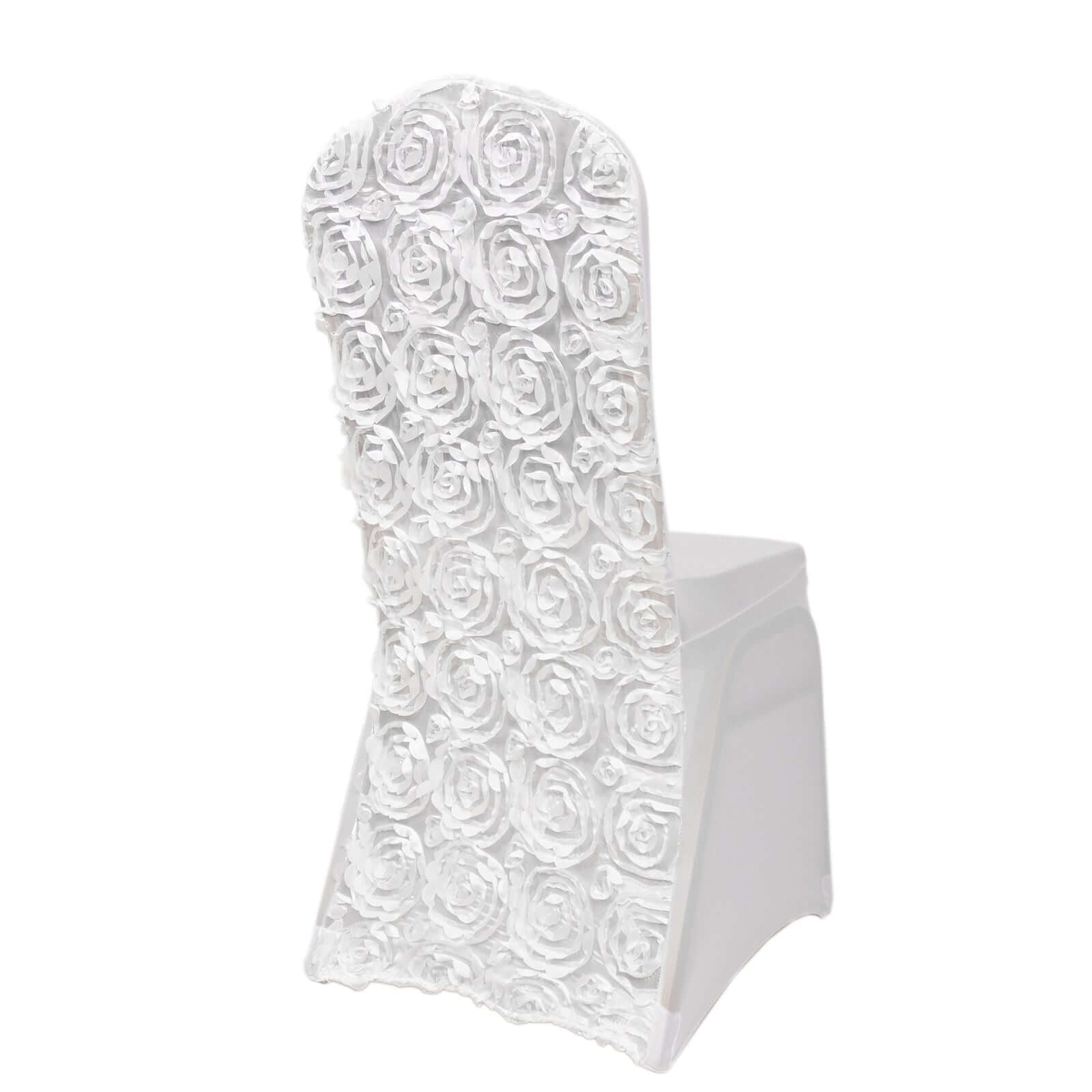 Satin Rosette Chair Cover for Banquet Chairs White - Stylish Stretch Fitted Slip - On Design for Sophisticated Gatherings - Linen Luxes