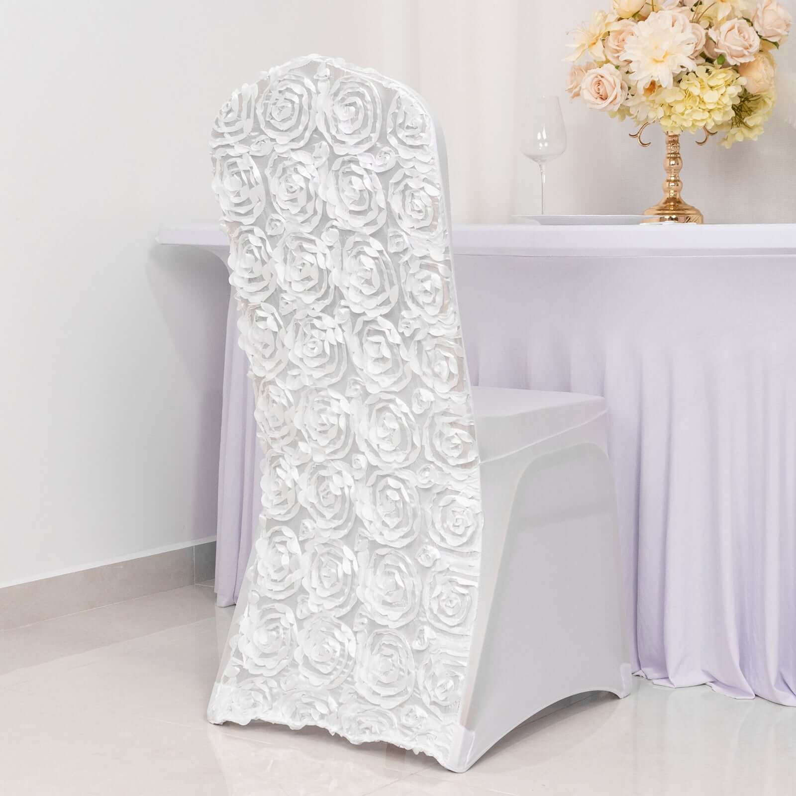 Satin Rosette Chair Cover for Banquet Chairs White - Stylish Stretch Fitted Slip - On Design for Sophisticated Gatherings - Linen Luxes