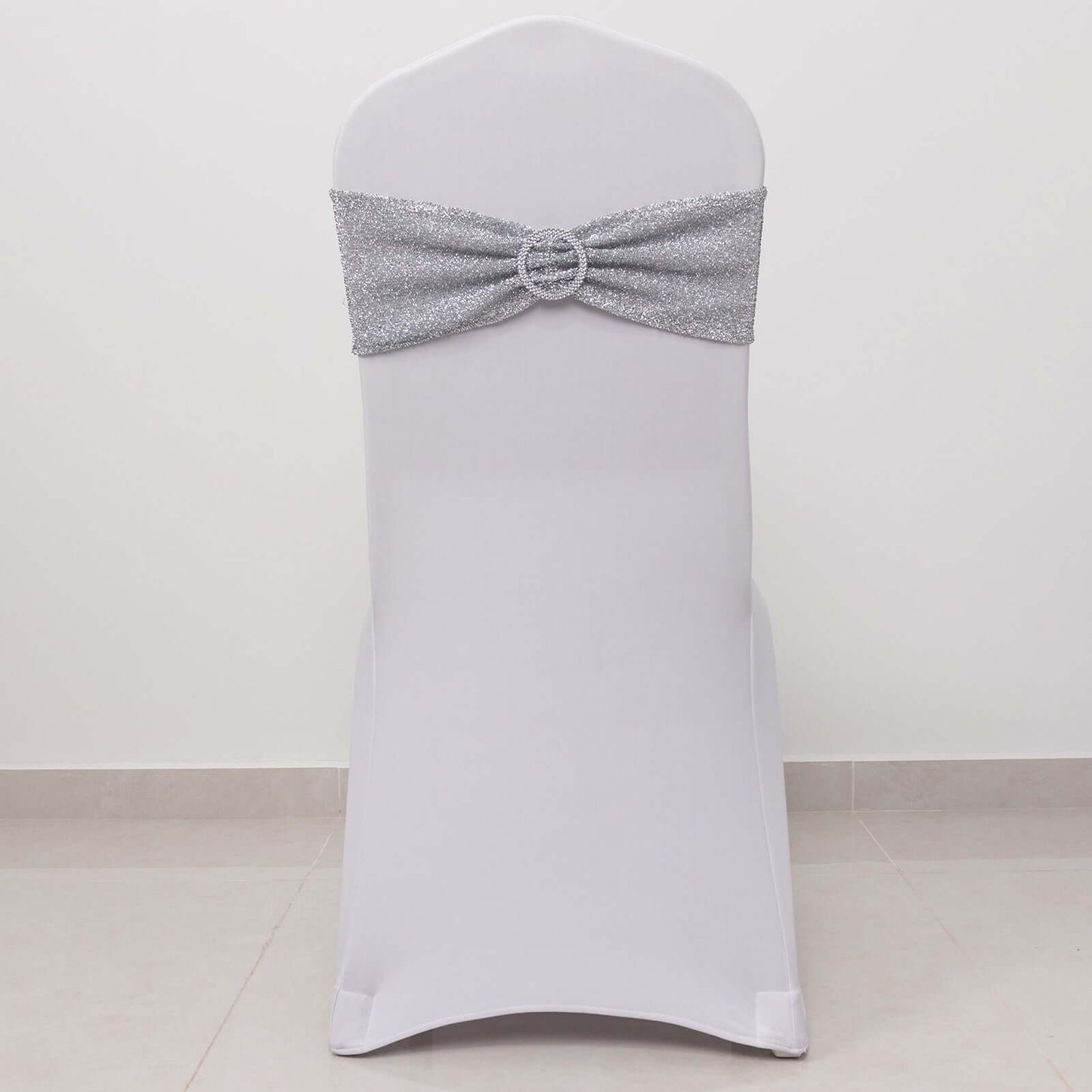 5 Pack Chair Sashes Shimmer Tinsel Spandex 5"x12" with Silver Rhinestone Buckles Silver - Stylish Decor for Weddings