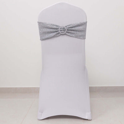 5 Pack Chair Sashes Shimmer Tinsel Spandex 5"x12" with Silver Rhinestone Buckles Silver - Stylish Decor for Weddings
