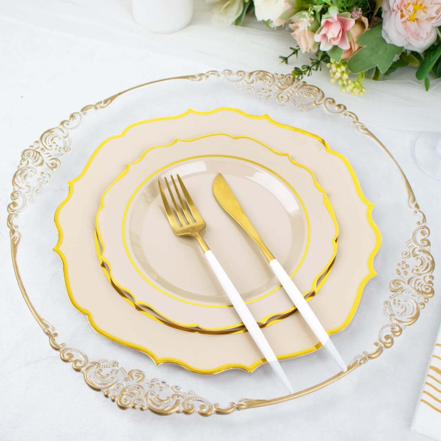 10-Pack Plastic 10" Round Dinner Plates in Taupe with Gold Scalloped Rim - Disposable Party Plates