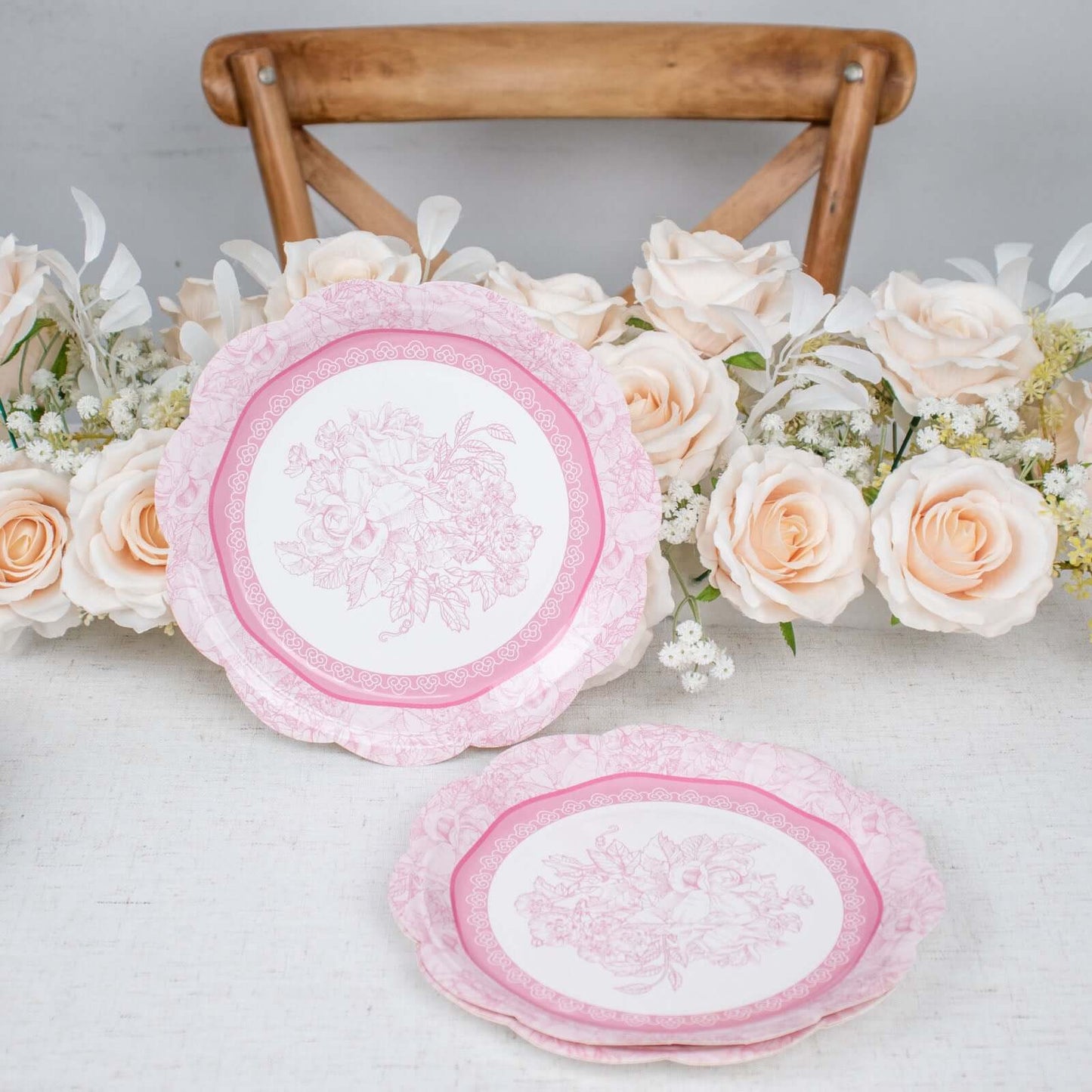 24-Pack Paper 9" Round Dinner Plates in Mixed Floral Print with Scalloped Edge - Disposable Party Plates for Baby Showers & Vintage Themes