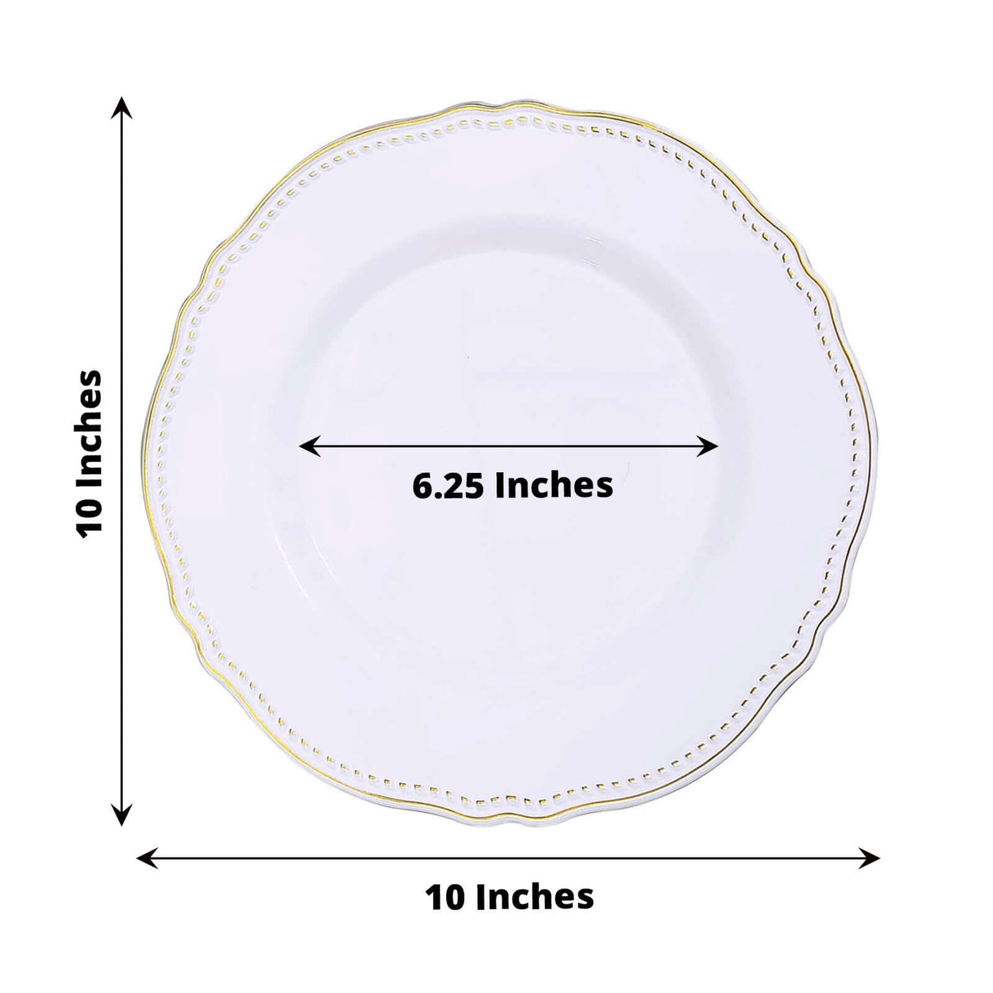 10-Pack Plastic 10" Dinner Plates in White with Gold Scalloped Rim - Disposable Large Party Plates for Upscale Events & Banquets