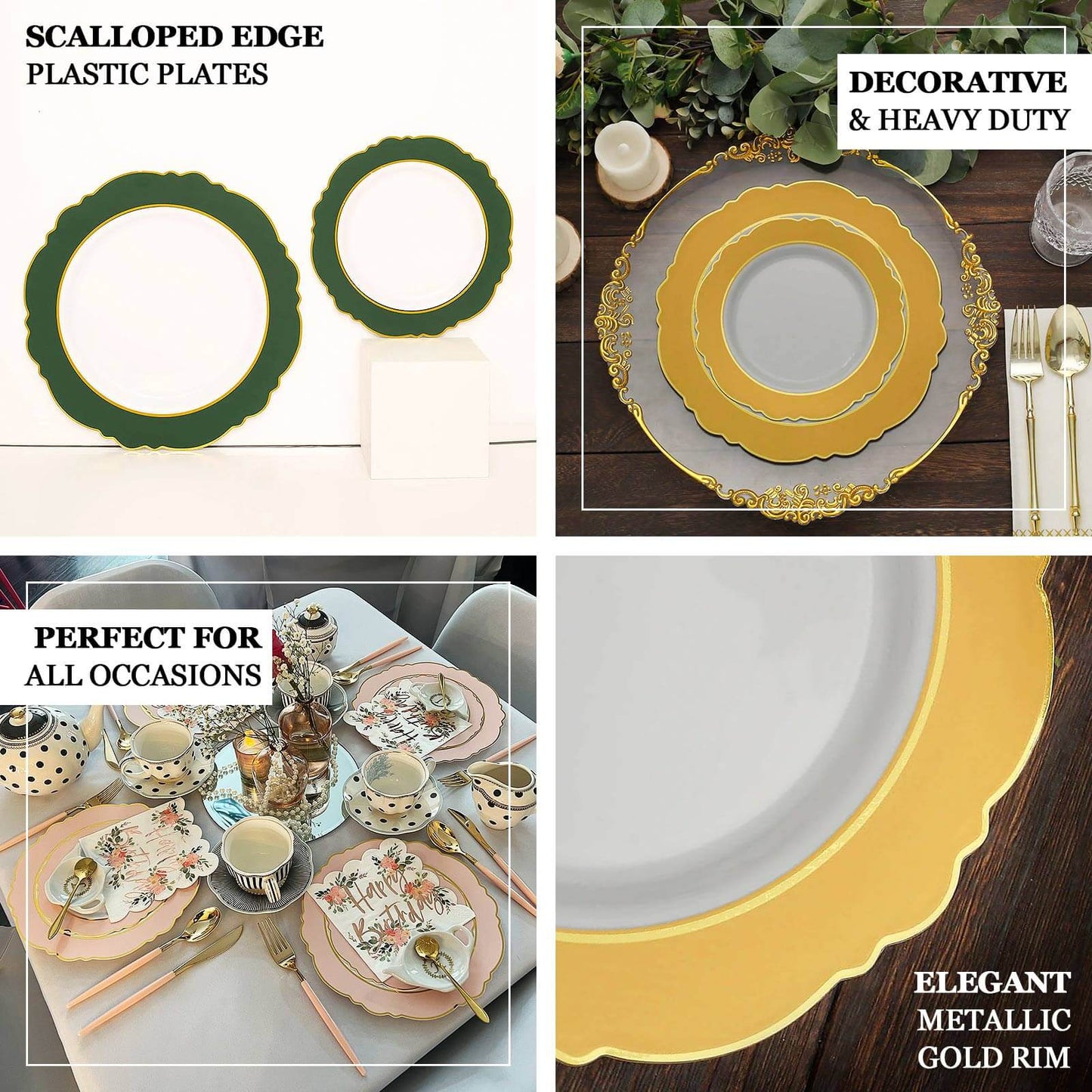 10-Pack Plastic 8" Round Dessert Plates in White with Gold Blossom Design & Gold Edging - Disposable Salad Appetizer Plates for Modern & Classy Table Decor