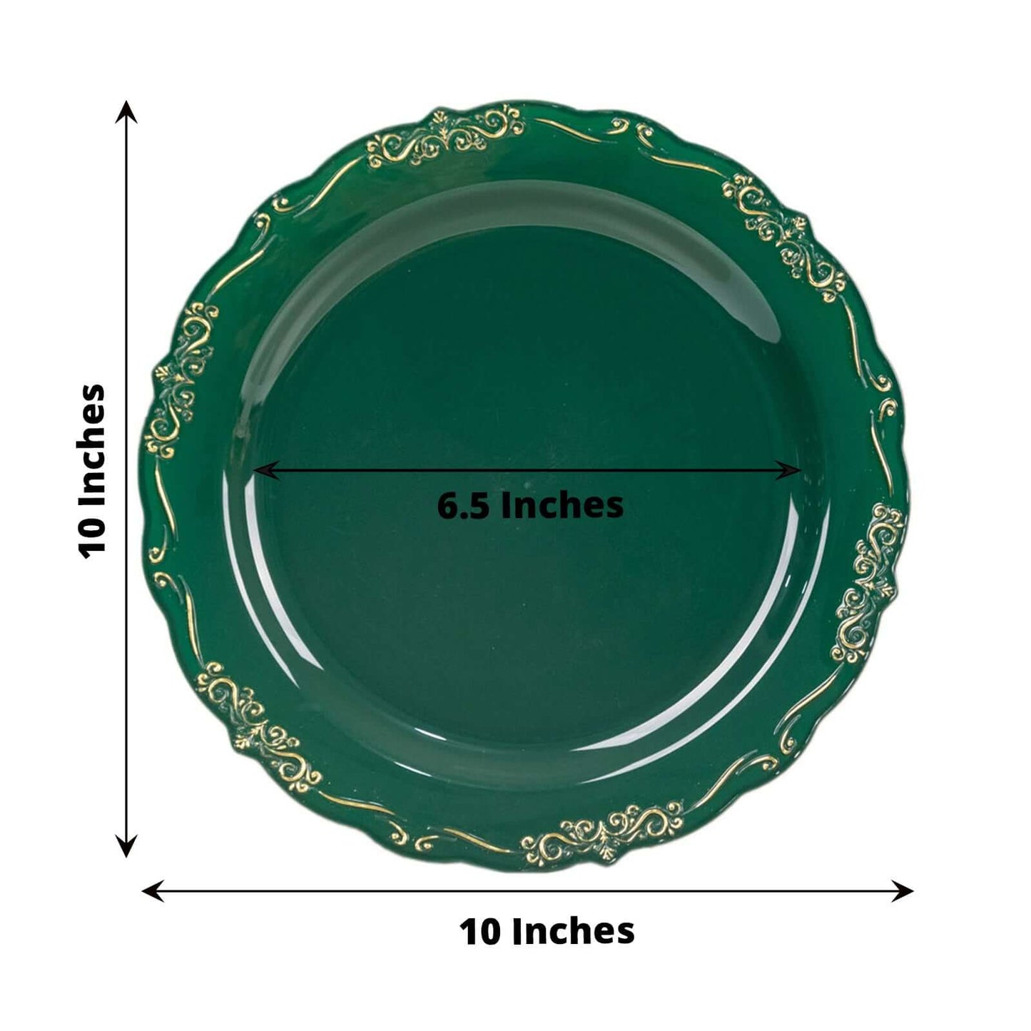 10-Pack Plastic 10" Round Dinner Plates in Hunter Emerald Green with Gold Vintage Embossed Rim - Sturdy Disposable Scalloped Edge Party Plates